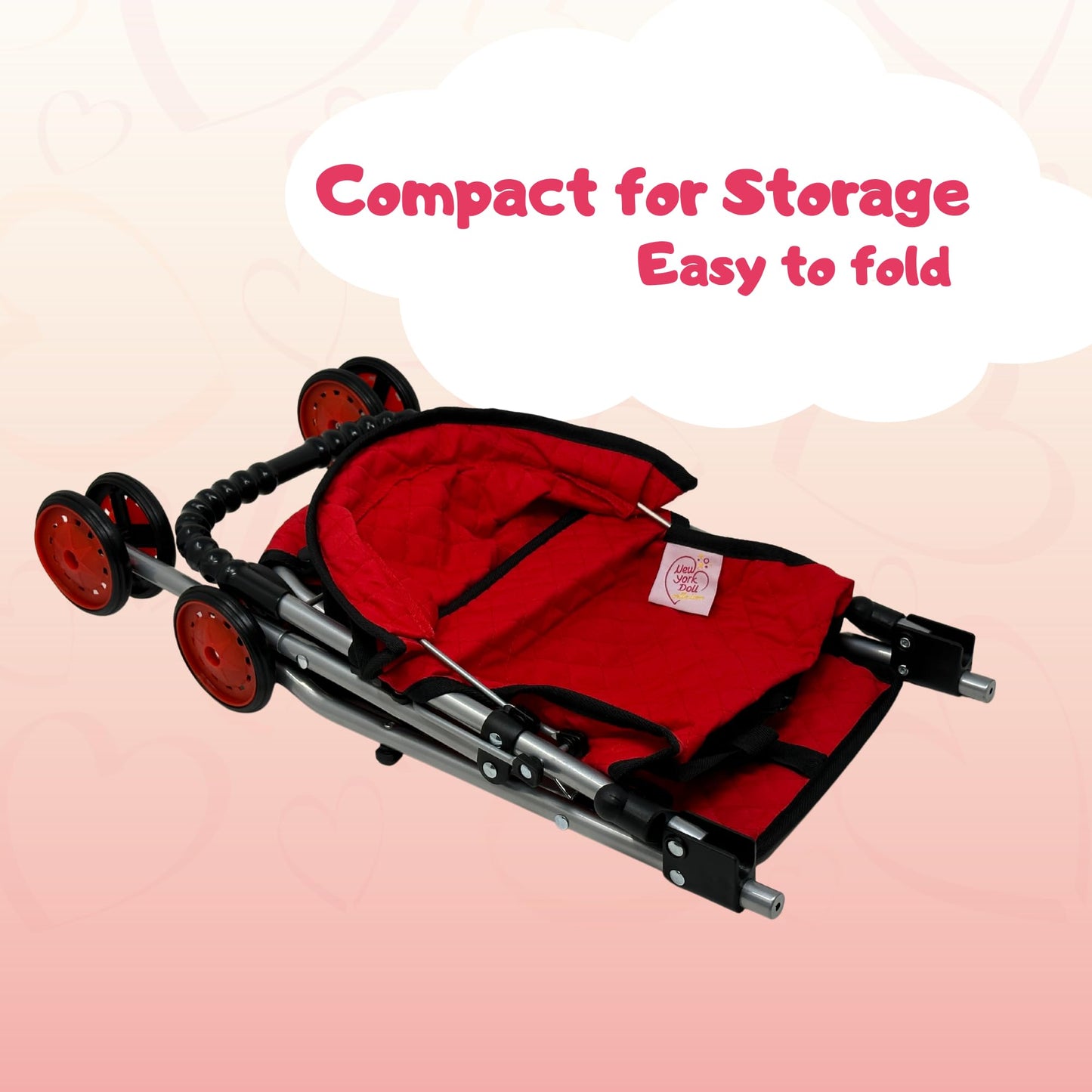 The New York Doll Collection My First Doll Stroller with Basket, Foldable Doll Stroller (Red Quilted)