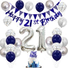 21St Birthday Decorations For Him, Blue Happy 21St Birthday Banner With Navy Blue Silver 21St Birthday Balloons 21 Birthday Cake
