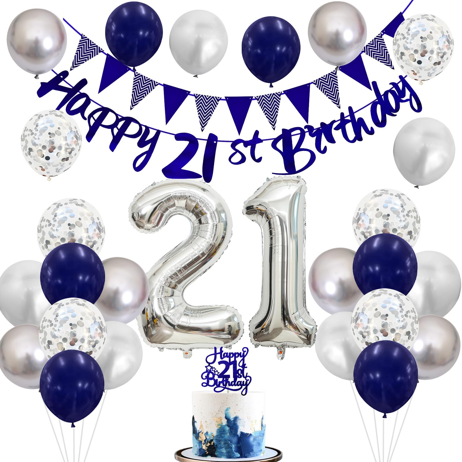 21St Birthday Decorations For Him, Blue Happy 21St Birthday Banner With Navy Blue Silver 21St Birthday Balloons 21 Birthday Cake