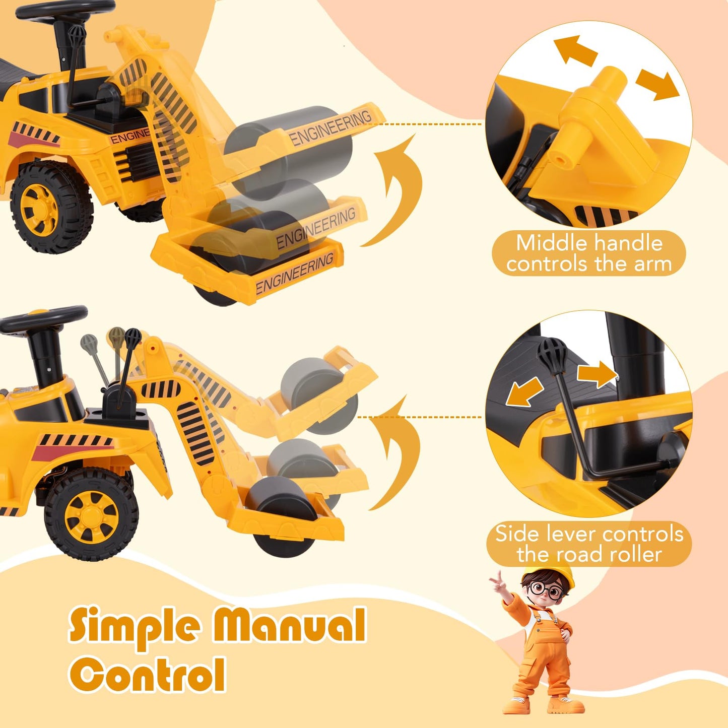 Costzon Ride on Road Roller, Sliding Kids Car with Adjustable Roller, Under-Seat Storage, Anti-Tipping Block & Engine Sound, Con