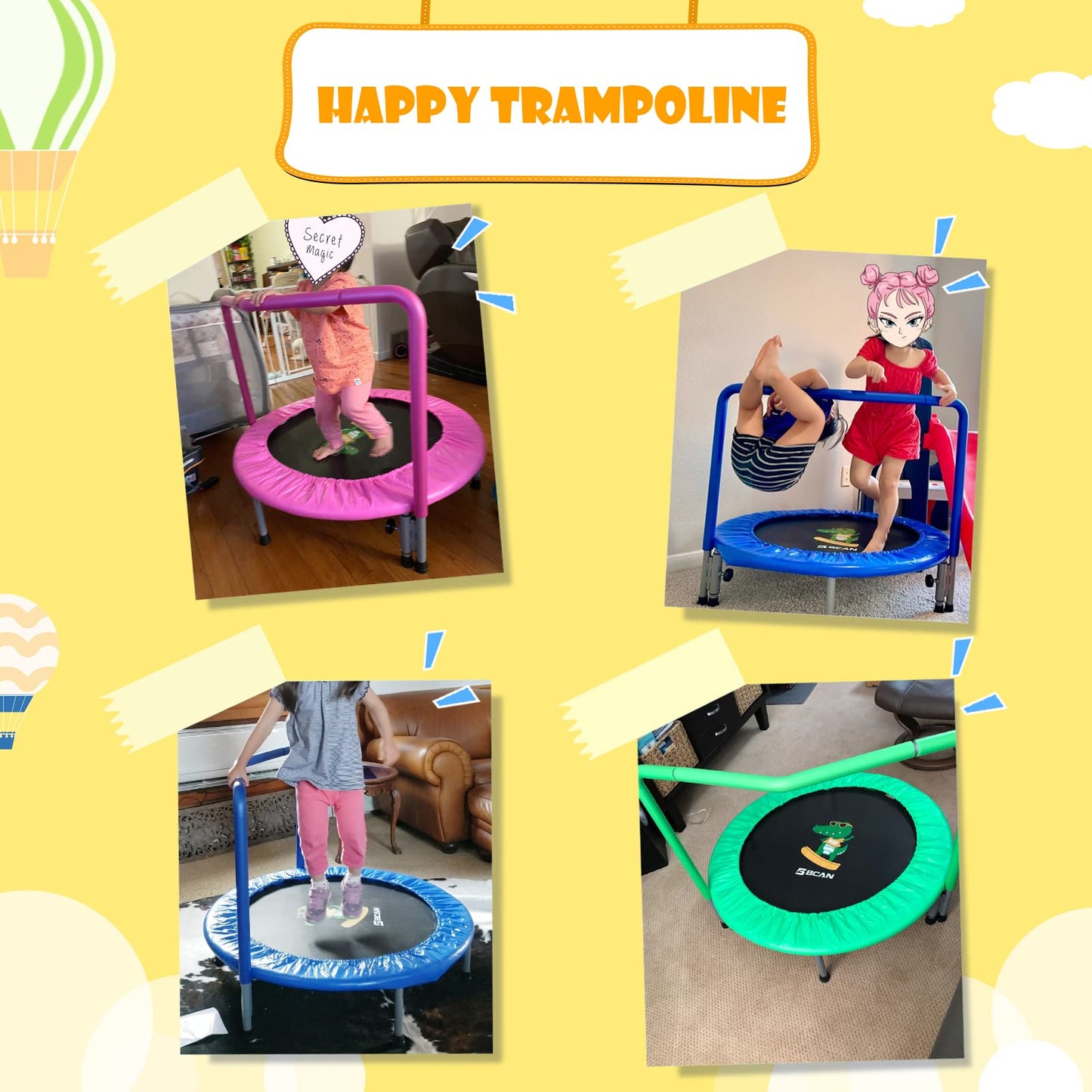 Bcan 36'' Mini Folding Ages 2 To 5 Toddler Trampoline With Handle For Kids, Two Ways To Assemble The Handle, Indoor/Garden Toddl