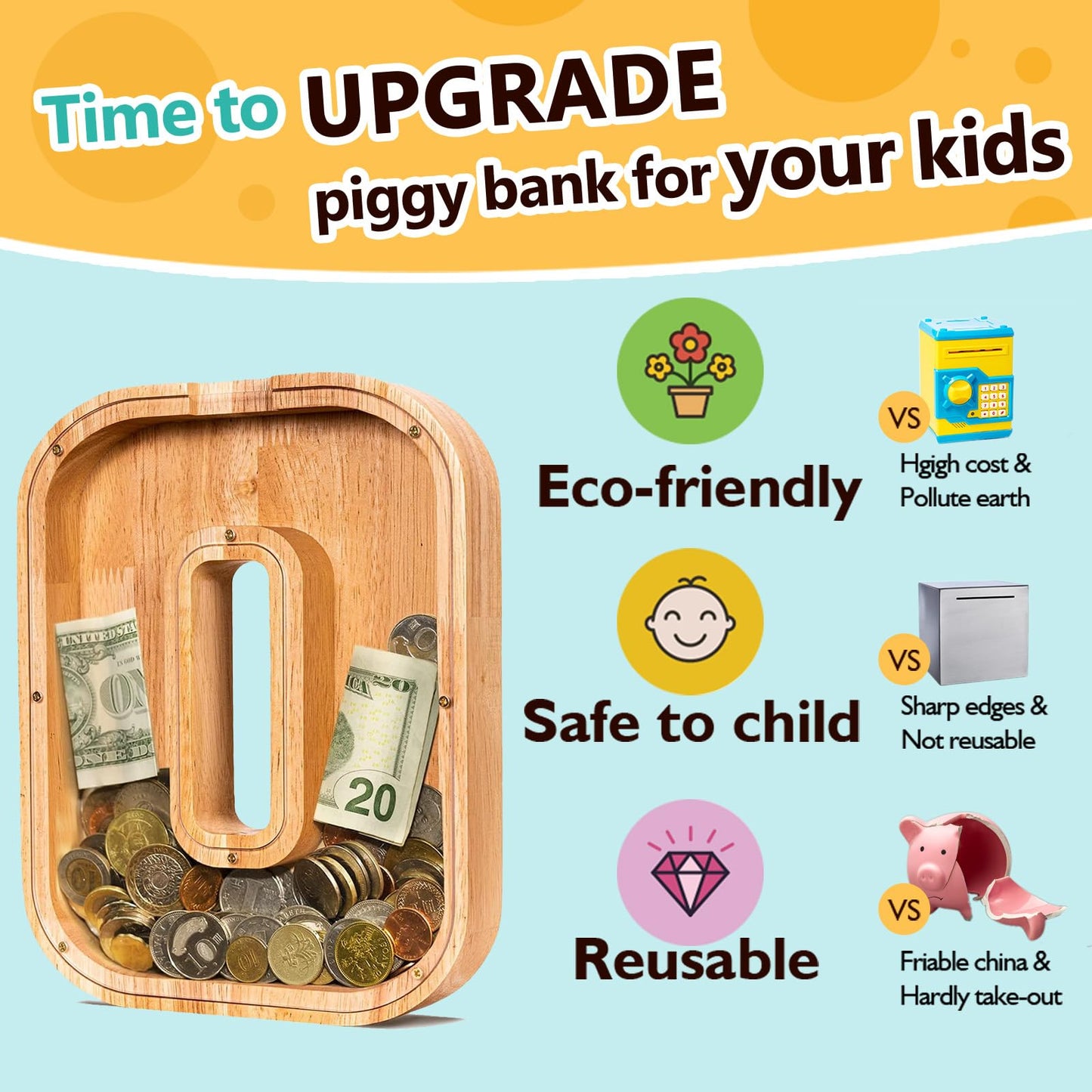 SummiDate Wooden Letter Piggy Bank| Piggy Bank for Boys Girls Toddler| Alphabet O Money Bank| Coin Bank Birthday Gift for Kids|Birthday Gift for Kids (O)