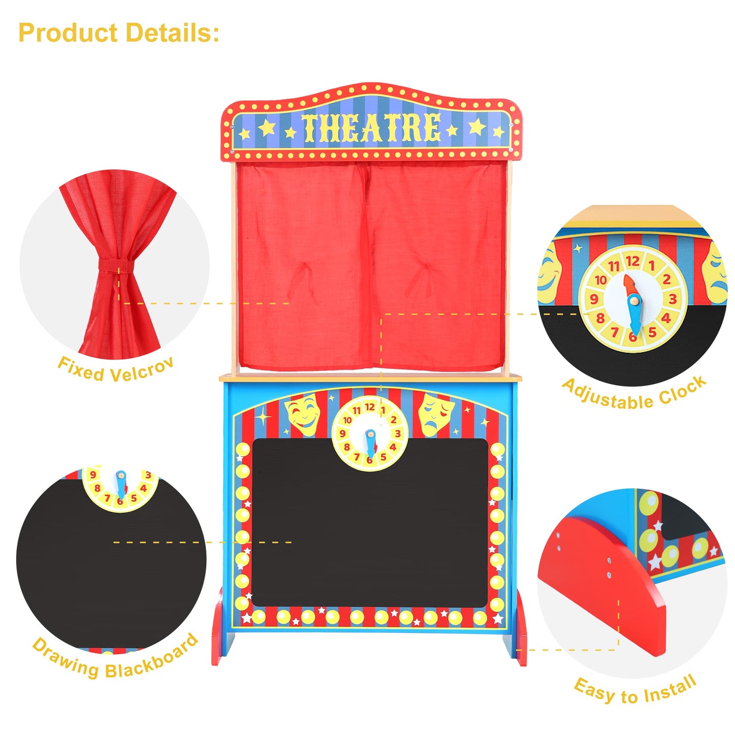 Chiuhei Deluxe Wooden Puppet Theater With Curtains, Blackboard And Clock, Double-Sided Play Store 3-8Y & Kid Puppet Show Theater