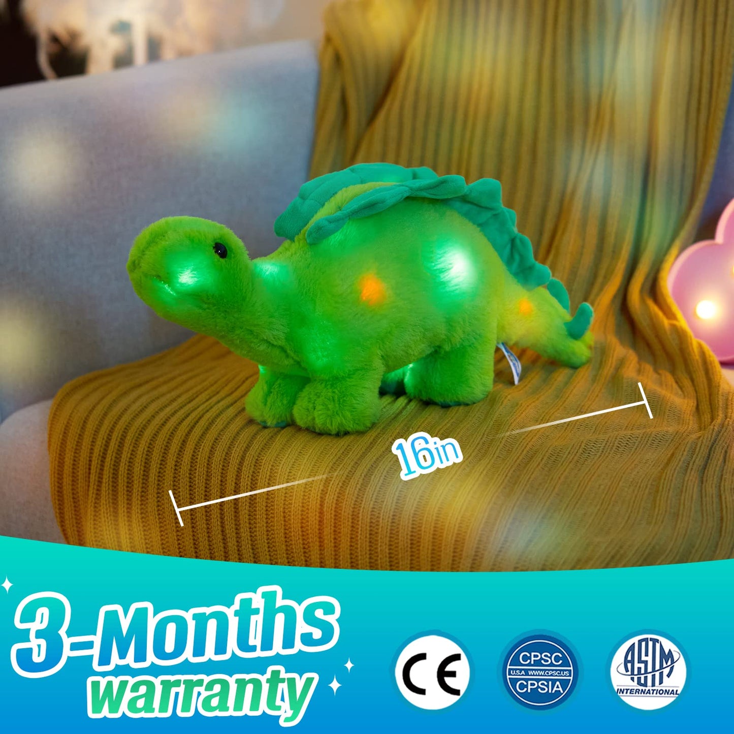Glow Guards Light Up Dinosaur Stuffed Animal Led Soft Stegosaurus Plush Toy With Magic Night Lights Glowing Birthday Children'S Day For Toddler Kids, 16''