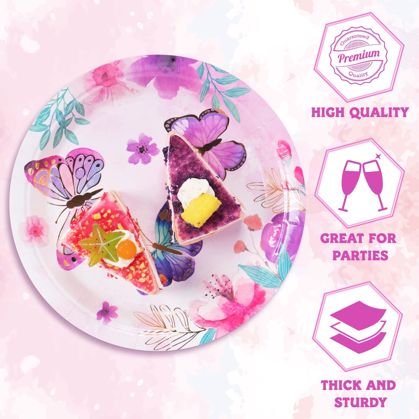 Decorlife Butterfly Birthday Party Supplies Serves 24, Butterfly Theme Party Decorations Includes Plates, Napkins, Forks For Girls, 96Pcs