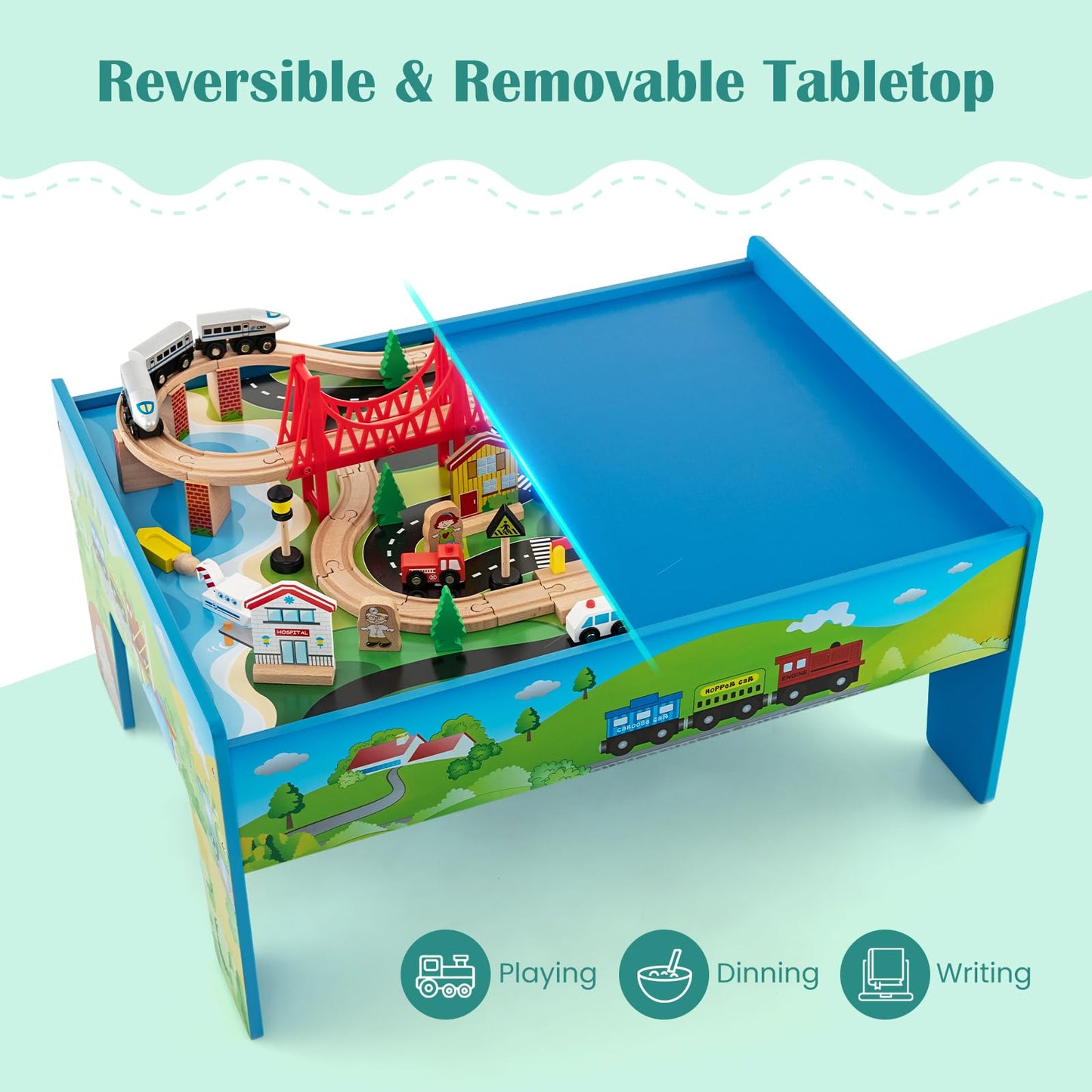 GLACER 80-Piece Train Table, Large Multipurpose Wooden Toy Activity Table Playset with Reversible Detachable Tabletop, Railway T