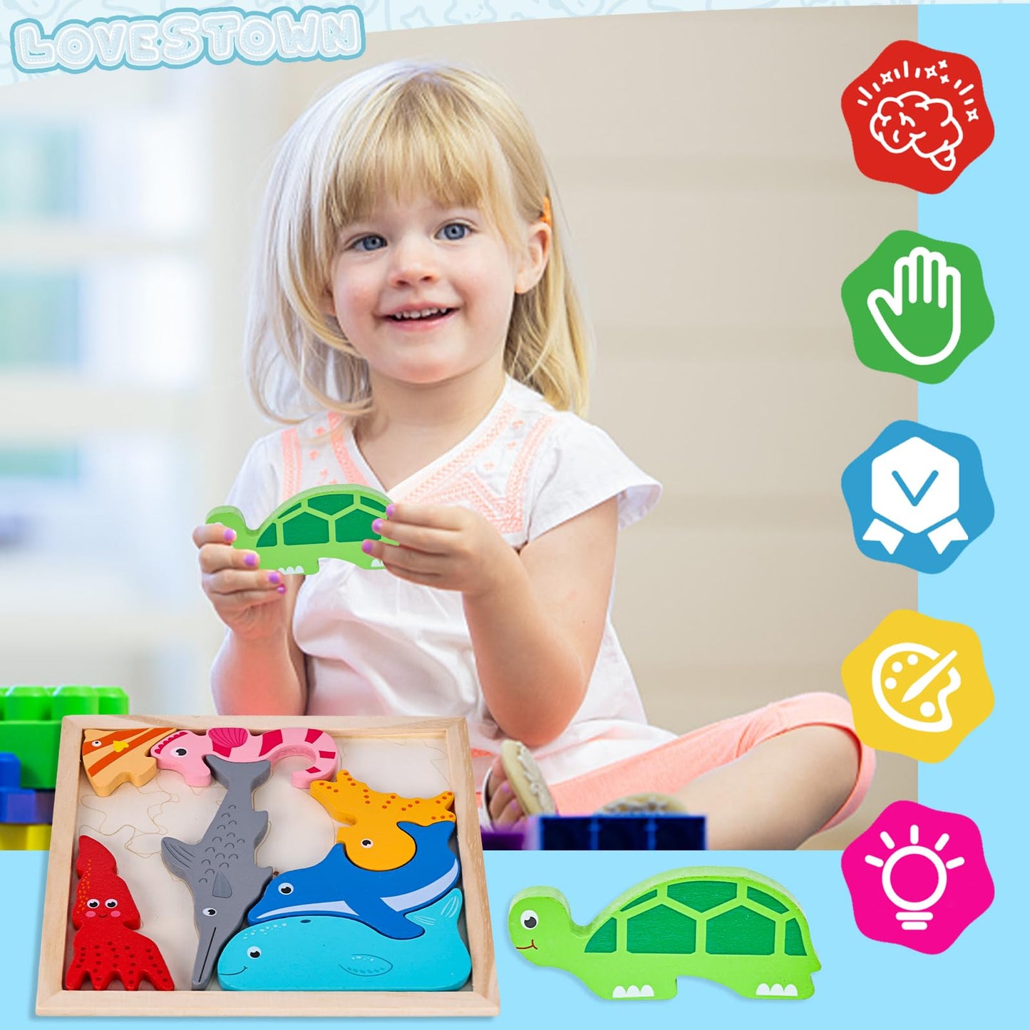 Lovestown Wooden Sea Animal Stacking Puzzles, Chunky Montessori Jigsaw Toys For Kids, Educational Preschool Learning Toys, Toddler Birthday Gifts, 12 Pcs