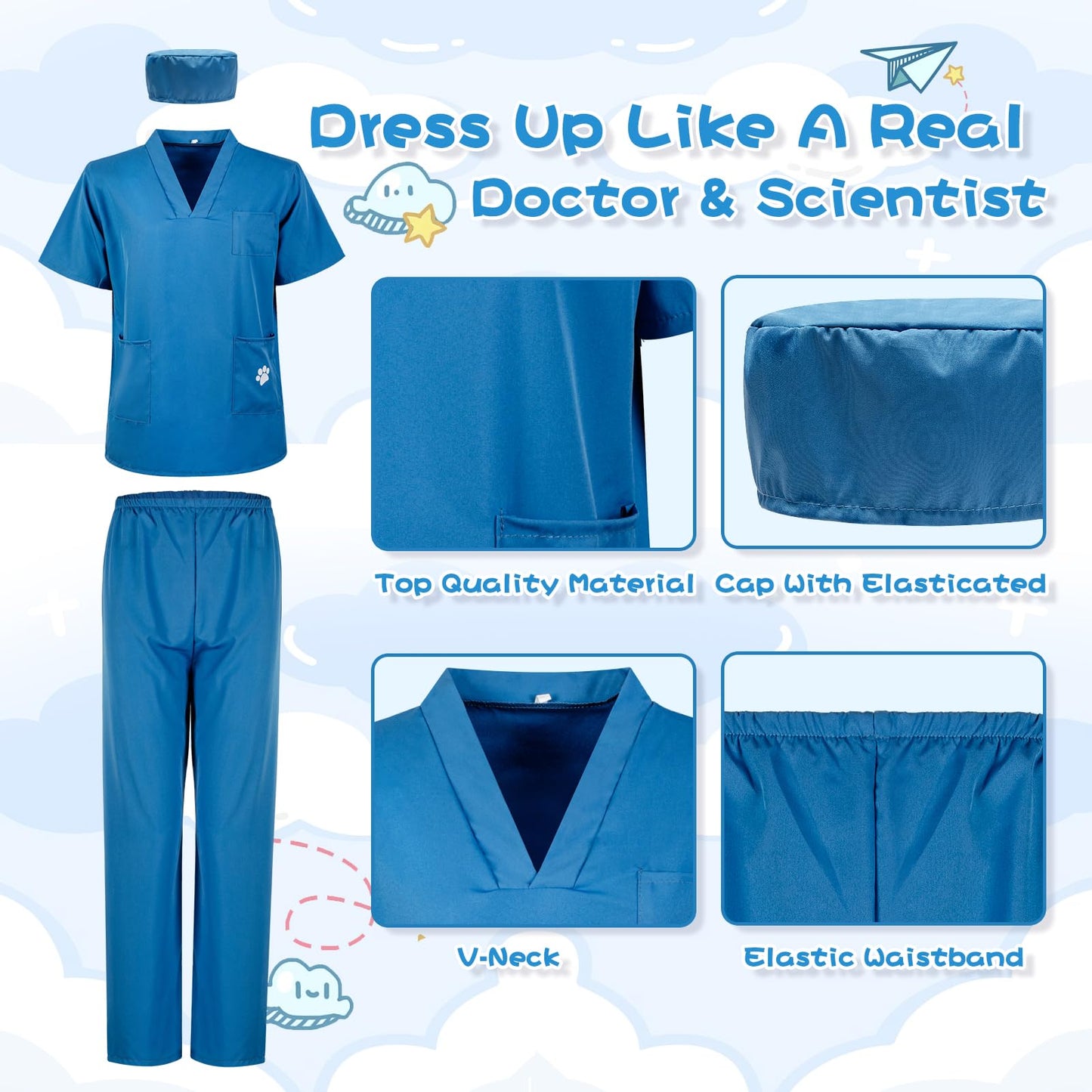 S3XY-FIV5 Kids Nurse Costume Doctor Costume Dentist Costume For Kids Play House Pretend Play Dress Up Party Blue 5-6 yrs 130cm
