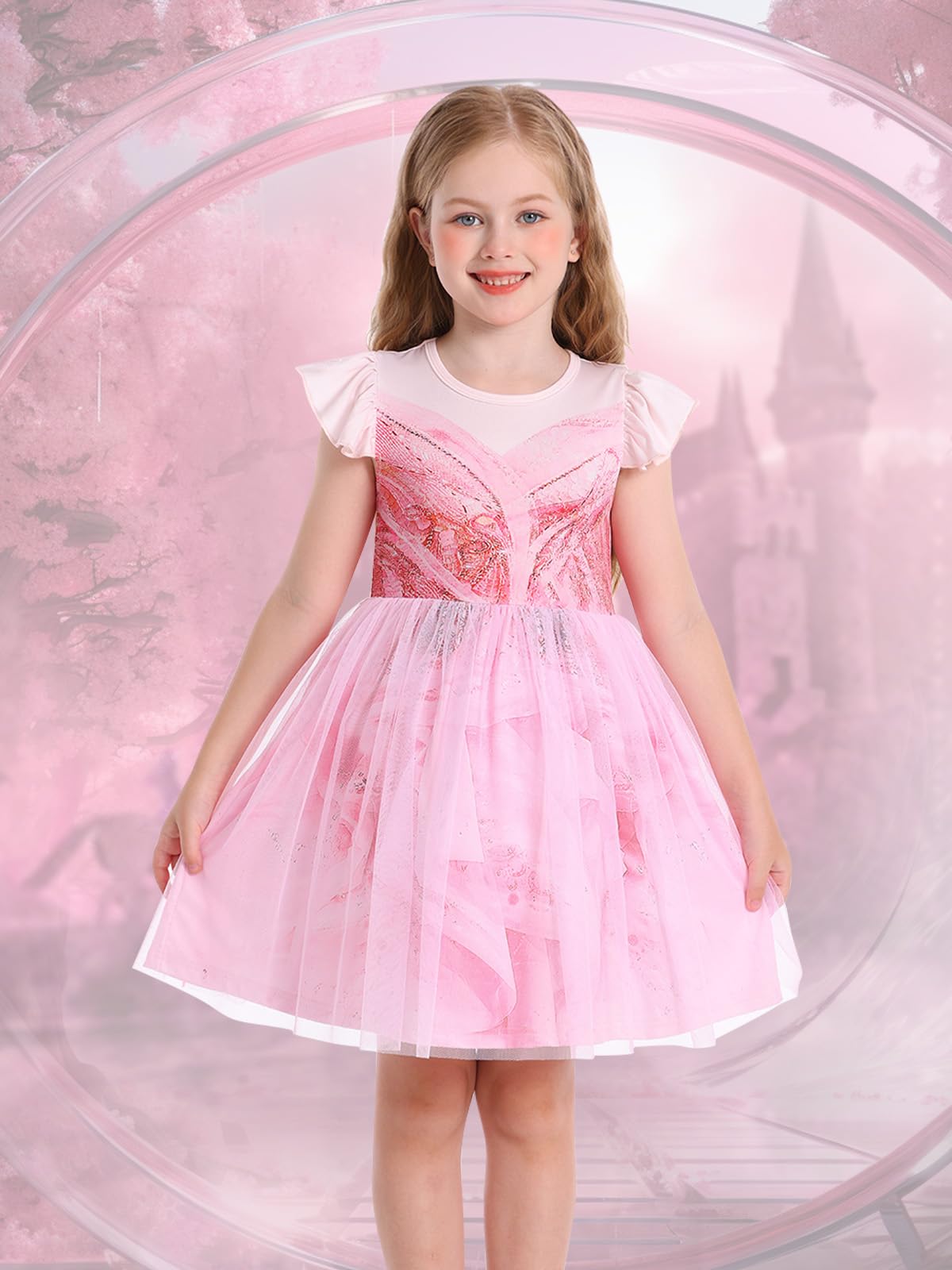 Marendyee Pink Witch Dress For Girls Halloween Costume Kids Tulle Dresses Flutter Sleeve (3-4 Years)
