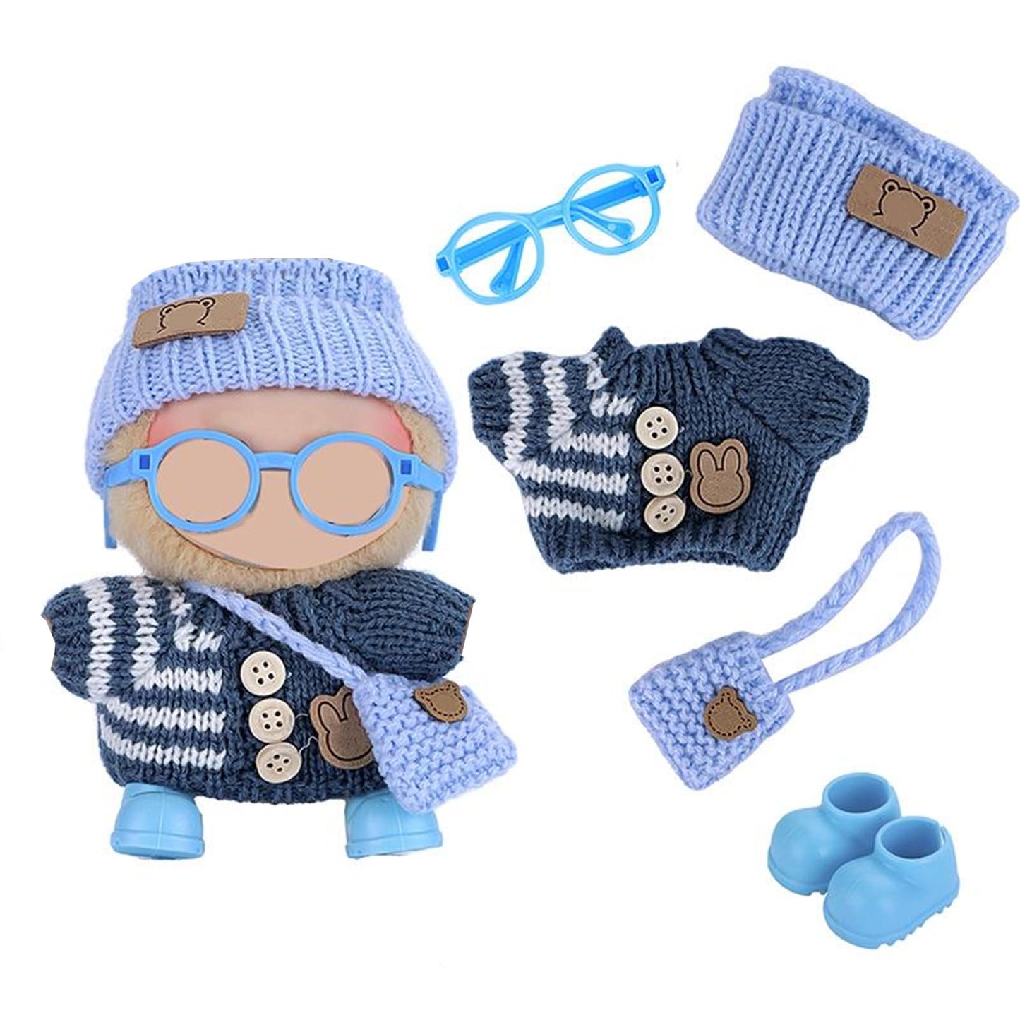Ezcora Knitting Outfit Set for 17cm Dolls  4 Cozy Sweaters with Hats  Shoes  Glasses Bags  6.7-Inch Doll Accessories  Gift Idea (No Dolls)