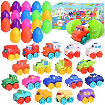 Fun Little Toys 18Pcs Prefilled Easter Eggs With Toy Cars, Easter Eggs Filled For Toddlers Kids Boys Hunt, Easter Party Favors,