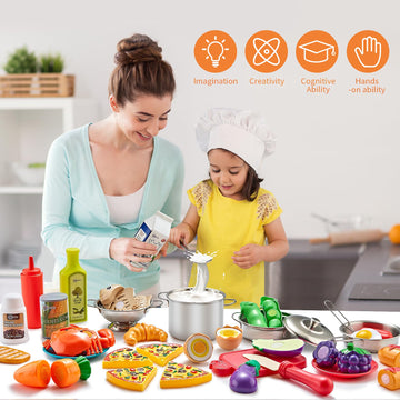 Kidsciety Pretend Play Kitchen Accessories, 52pc Kids Kitchen Playset with Play Food, Stainless Steel Cookware, Kitchen Toys Pot