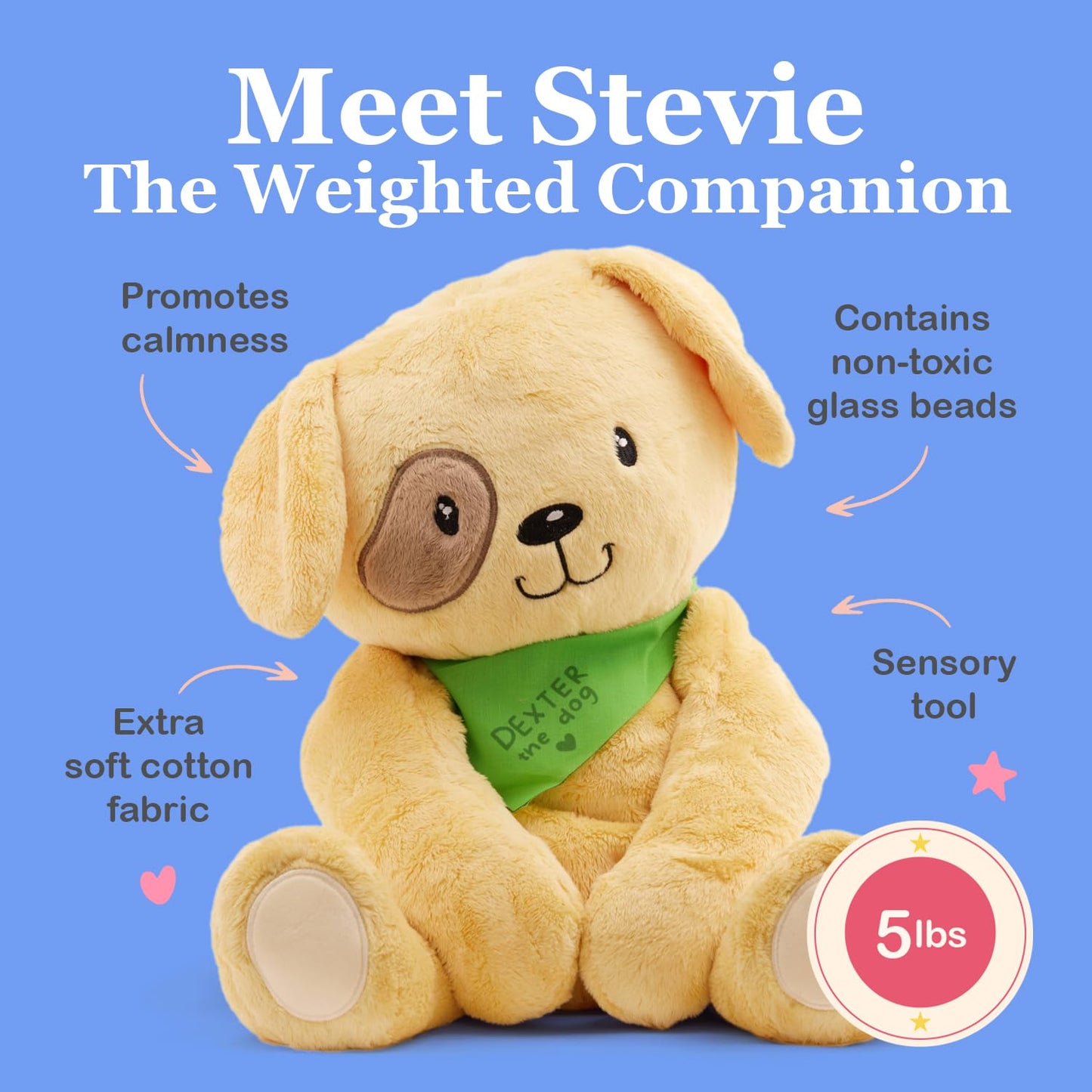 Lilly's Love 5lb Weighted Stuffed Animal - Dexter The Dog, Machine Washable, Sensory Plush for Kids & Adults, Calming Anxiety Relief