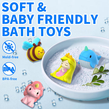 Oriate 6Pcs Fairy Princess Bath Toys For Girls, Silicone Finger Puppet And Boat, Mermaid, Princess, Bee, Whale, Unicorn For Toddlers Kids 1-3