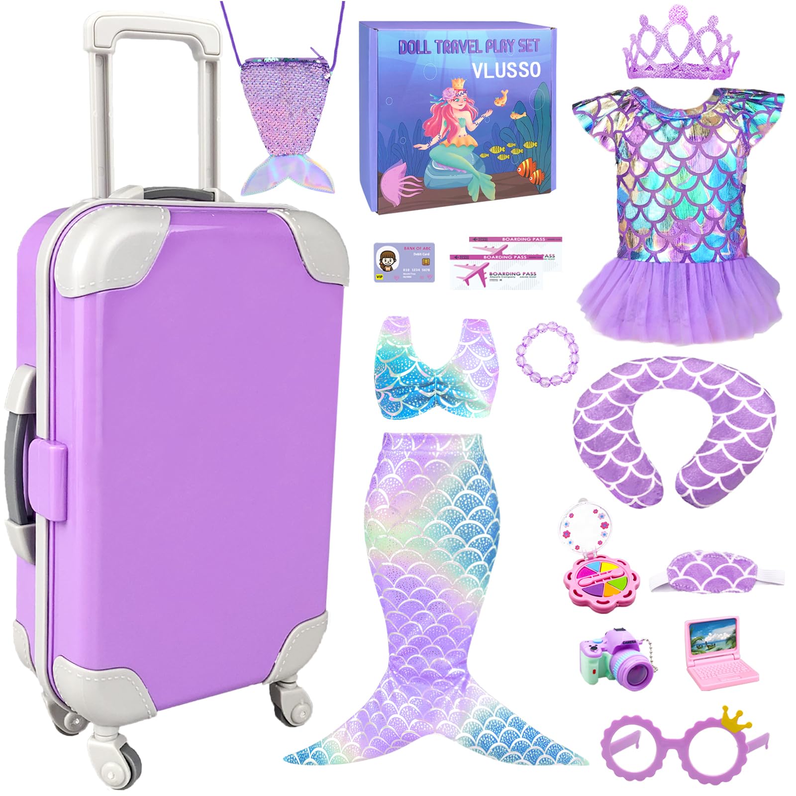 Vlusso 18 Inch Girl Doll Accessories Case Luggage Travel Play Set With Doll Clothes Camera Travel Pillow Bag Dress Glasses Doll Stuff Fit 18 Inch Doll Christmas Birthday Gift