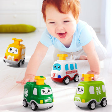 Jukudahu City Press And Go Car Toys For Toddlers 1-3 - 4 Pcs Kids Play Cars, Ambulance, Sanitation Car, Bus And School Bus, Car