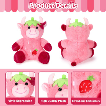 Hydren Pink Cow Stuffed Animal 9.8'' Soft Cute Strawberry Plush Animal Toy For Boys Girls Kids Toddlers Valentine'S Day Birthday