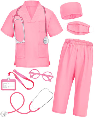 Icecute Doctor Scrubs For Kids,7 Pcs Scrubs Costume With Accessories,Halloween Costume For Boy Girls,3-11 Years (Pink, 4-5T)