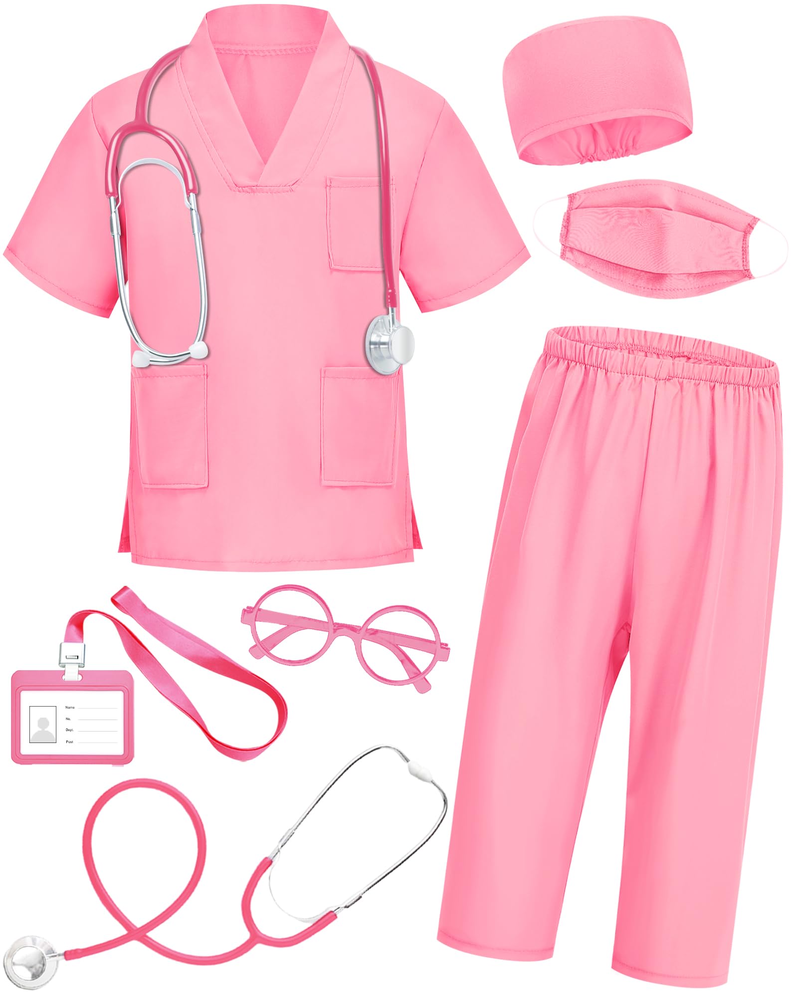 Icecute Doctor Scrubs For Kids,7 Pcs Scrubs Costume With Accessories,Halloween Costume For Boy Girls,3-11 Years (Pink, 5-6T)