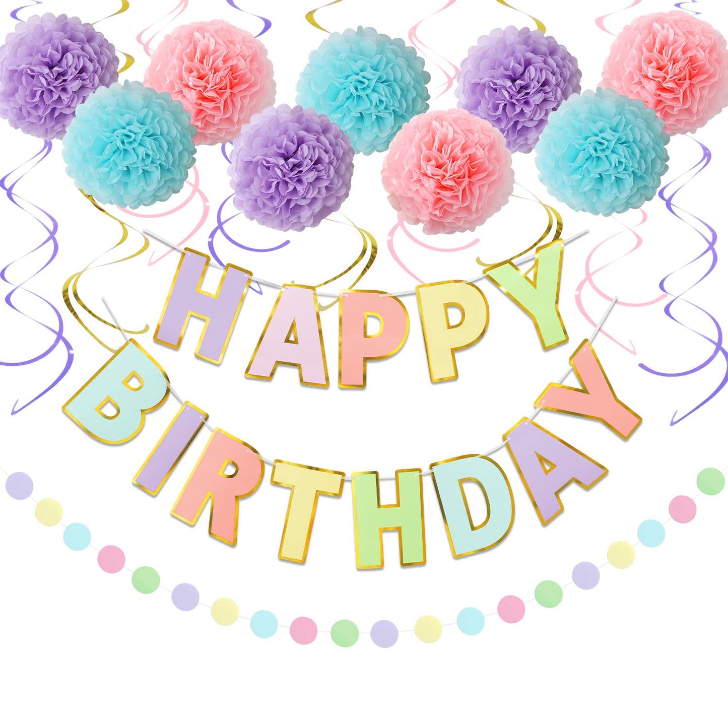 Litaus Macaron Birthday Decorations - Pack Of 20 | Happy Birthday Banner, Tissue Paper, Swirls, Garland | Birthday Decorations F