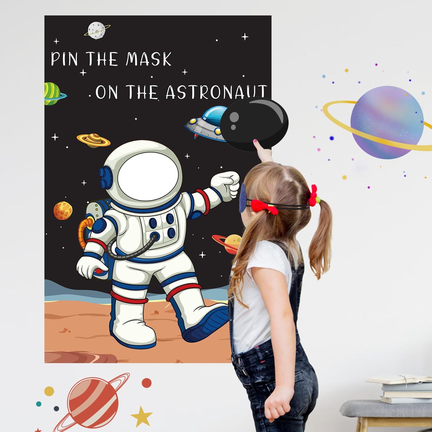 Hxezoc Pin The Mask On The Astronaut Game With 24 Pcs Mask Stickers, Large Astronaut Party Games Poster For Kids Solar System Outer Space Birthday Party School Classroom Carnival Party Supplies