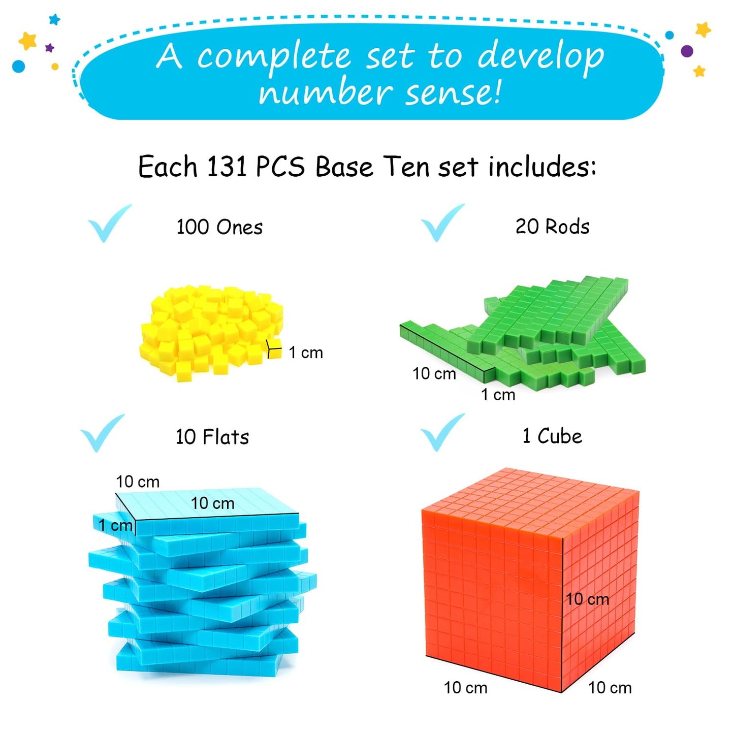 Simply Magic 131 PCS Base Ten Blocks - Math Manipulatives for K-3, Place Value & Counting Cubes, Assorted Colors