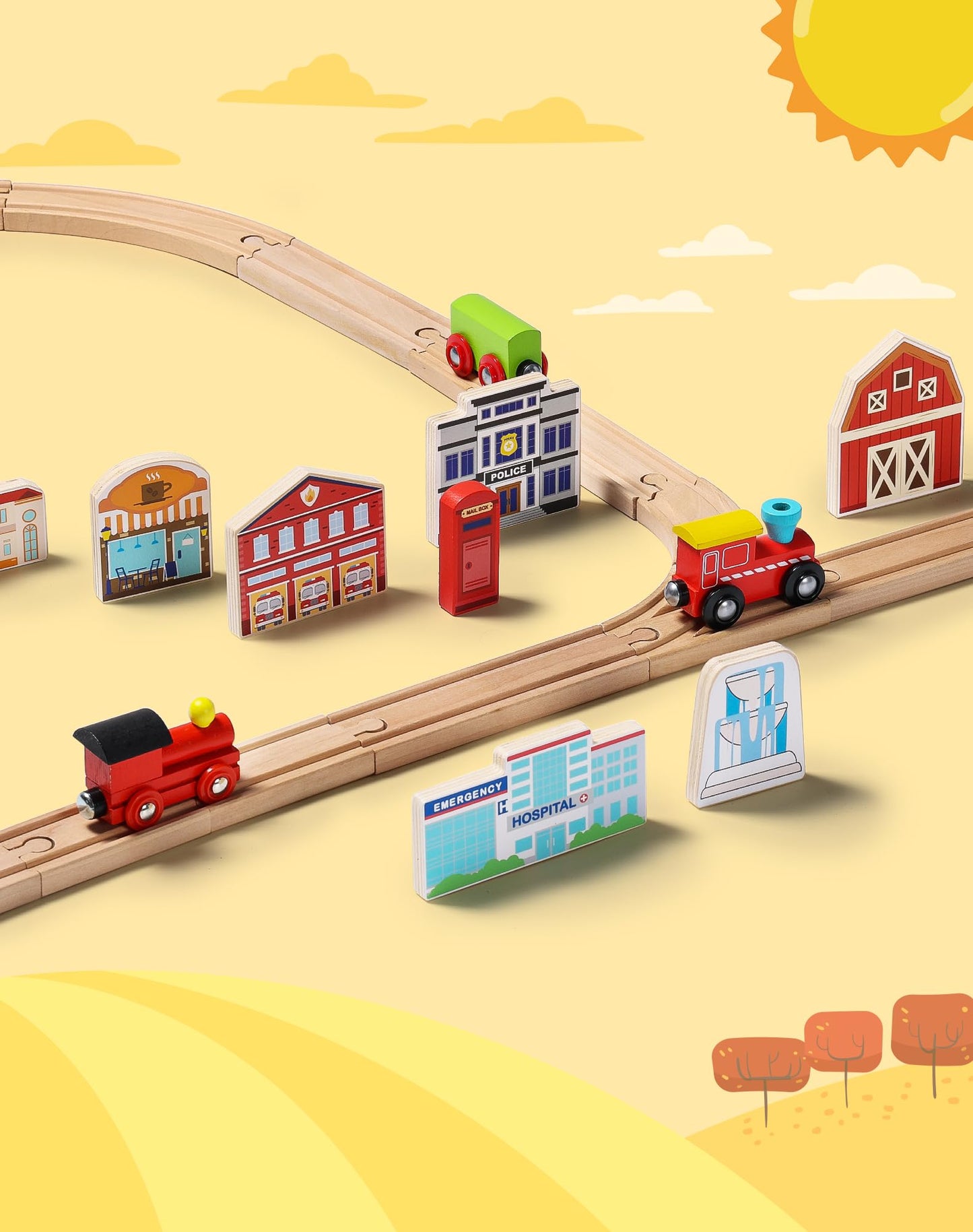 SainSmart Jr. 30 Pcs Wooden Town Play Set, Wooden Train Accessories, Community Helpers Toys for Preschool Learning | Includes Bu
