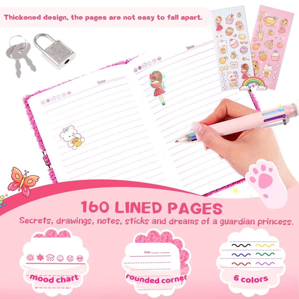 Prinbarbee Bear Diary With Lock,Cute Diary For 6 7 8 Year Old Girl,Kids Journal Notebook Set With Multicolored Pen,Plush Secret