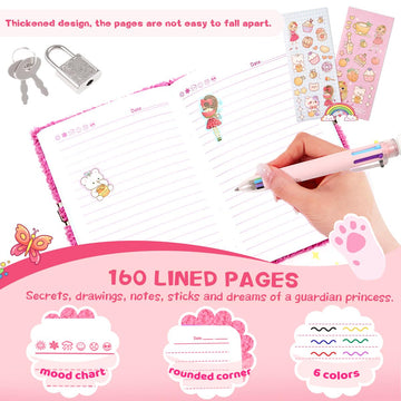 Prinbarbee Bear Diary With Lock,Cute Diary For 6 7 8 Year Old Girl,Kids Journal Notebook Set With Multicolored Pen,Plush Secret