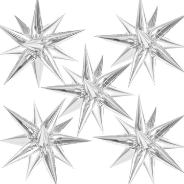 60 Pcs Silver Star Balloons Explosion 12 Point Foil Cone Balloons Magic Starburst Balloons Large For Wedding Anniversary Backdro