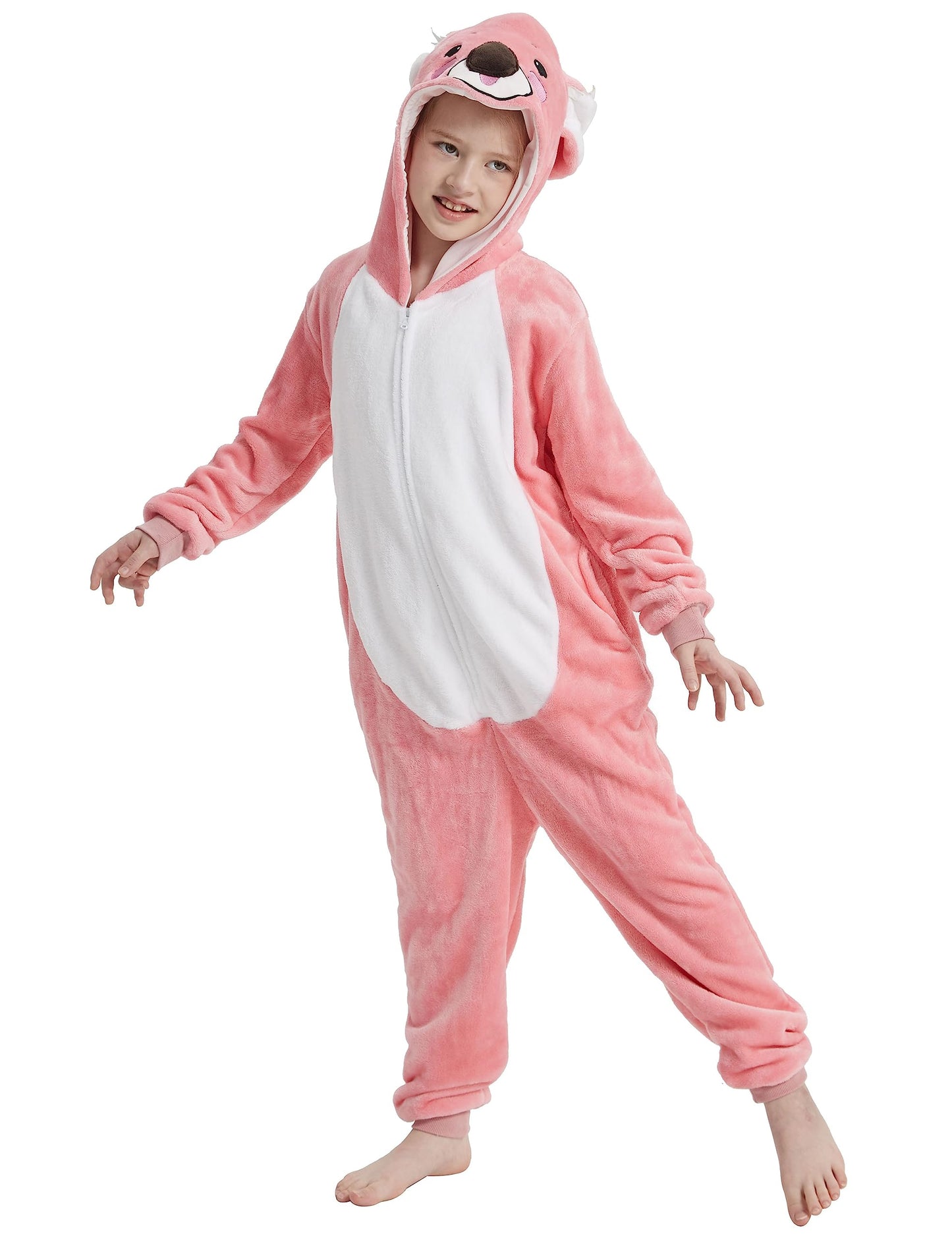 ACOGNA Onesie Kids Plush Animal Koala Costume One Piece Pajamas Girls Boys Teen Halloween Cosplay Sleepwear Pink 10-11 Years