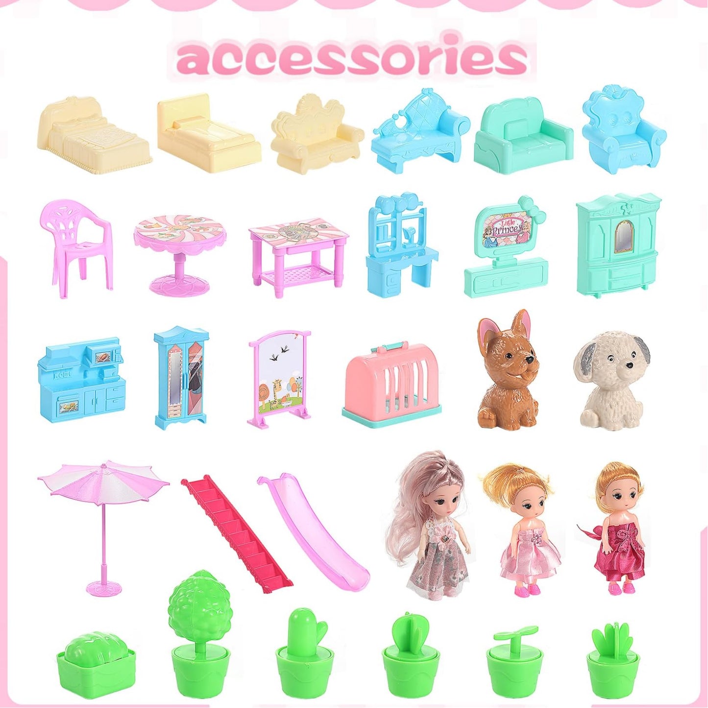 Randhar Doll House For Girls With Lights, 3 Dolls, 4 Floors -13 Rooms, 7 Sets Of Furniture And Accessories, Design And Build Gif