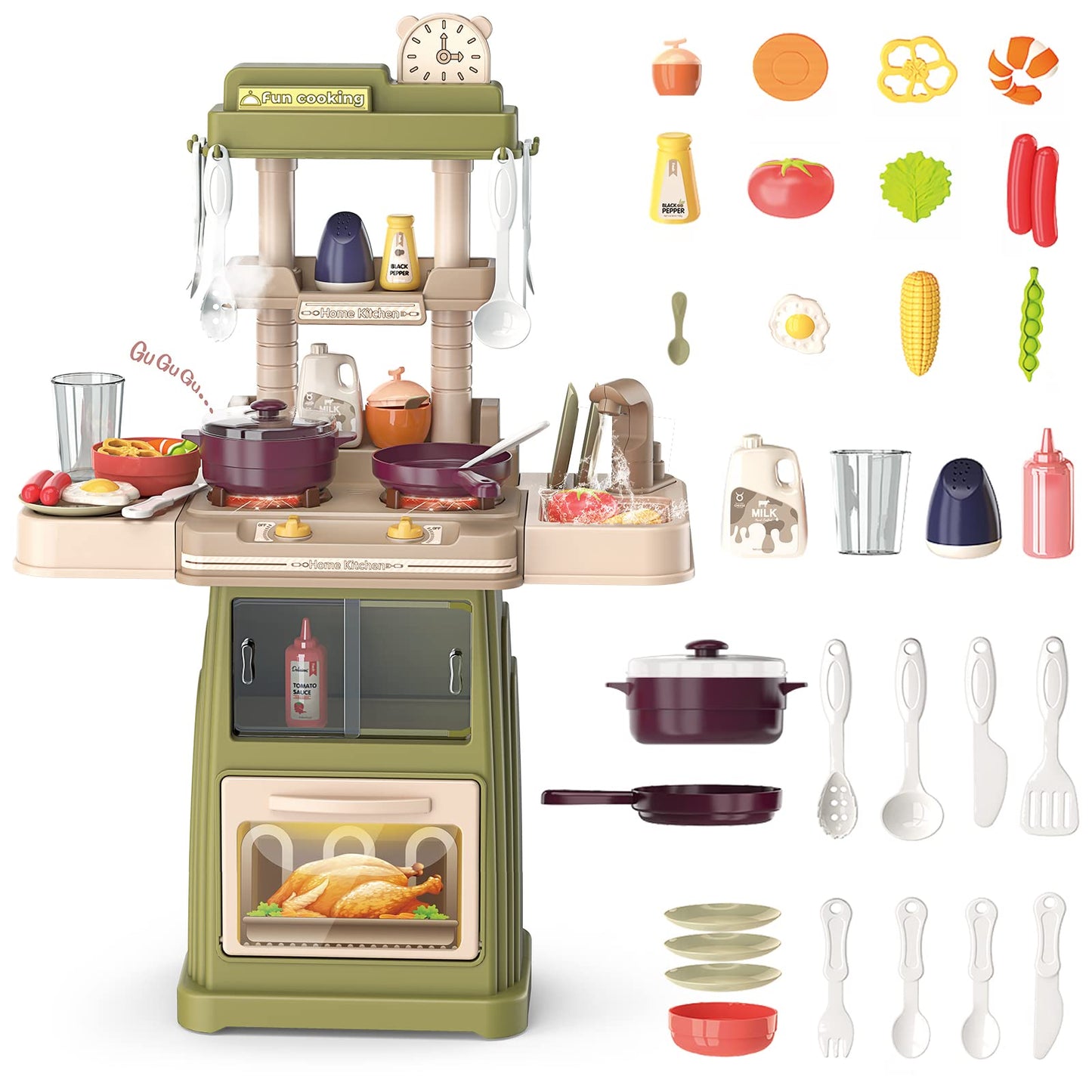 deAO Kitchen Toys for Kids Kitchen Playset Toy,Role Play Game Pretend Food and Cooking Playset (Green)