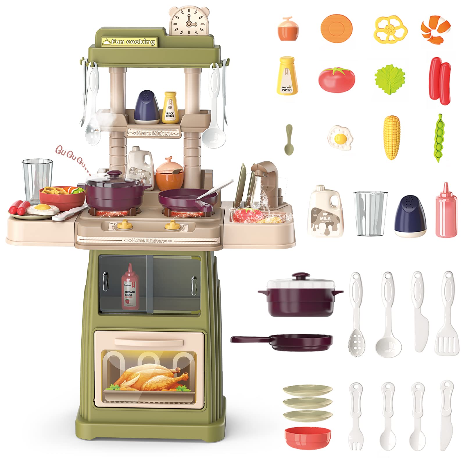 deAO Kitchen Toys for Kids Kitchen Playset Toy,Role Play Game Pretend Food and Cooking Playset (Green)