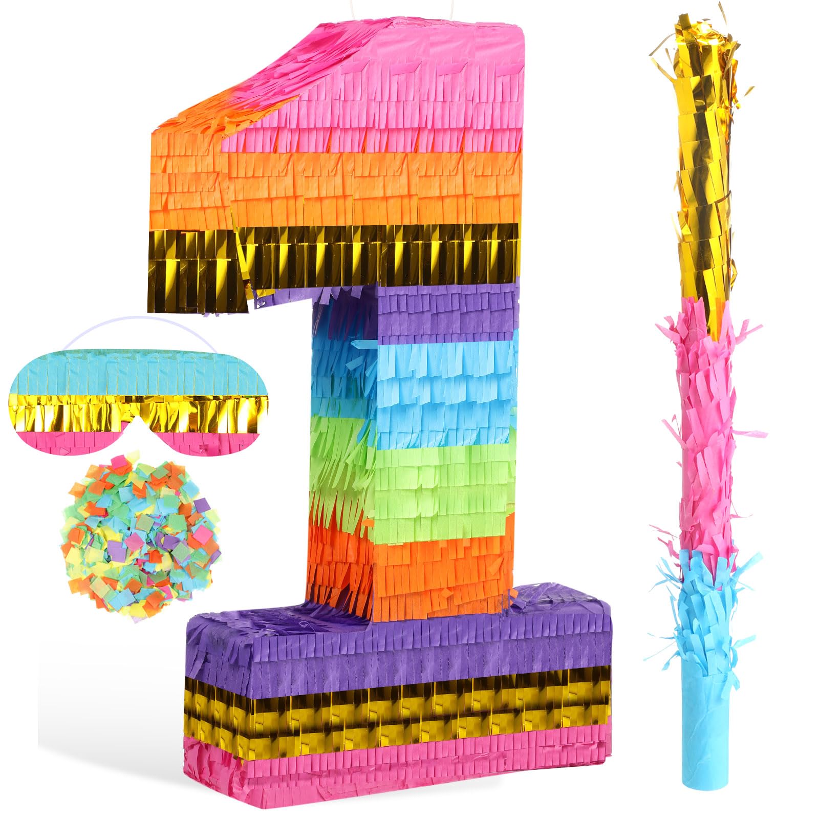 Rainbow Number Pinata for Girls Boys Birthday Foil Number Pinata with Blindfold Stick Confetti for Kids Birthday Anniversary Tie