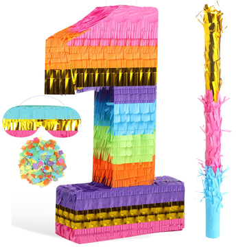 Rainbow Number Pinata for Girls Boys Birthday Foil Number Pinata with Blindfold Stick Confetti for Kids Birthday Anniversary Tie