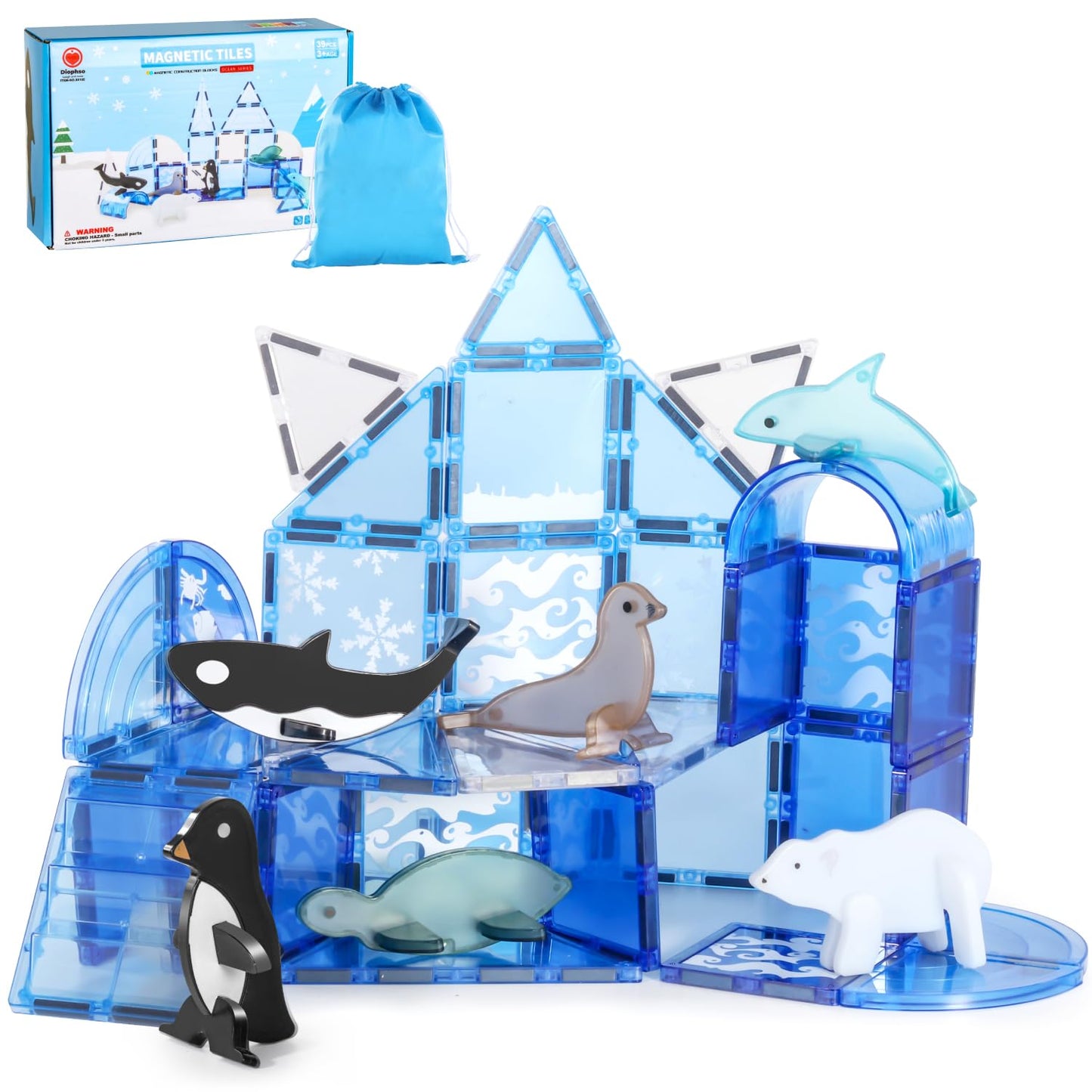 Diophso Magnetic Tiles For Kids 3-8, Frozen Toys Magnet Building Blocks Set With 6 Arctic Animals And Exquisite Pattern, Learnin