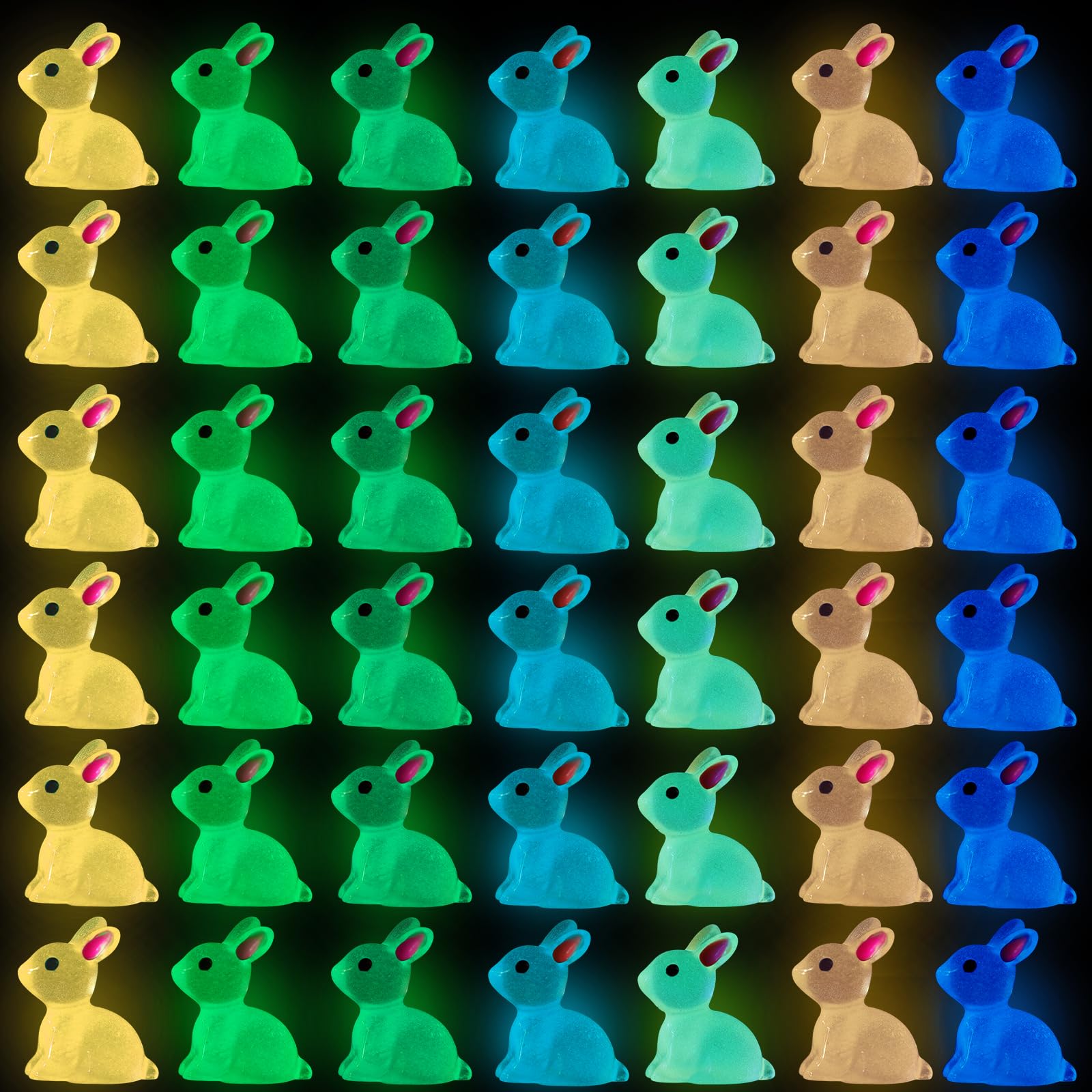 DULEFUN 70pcs Easter Luminous Mini Resin Bunny 7 Colors Little Small Glow in The Dark Rabbit Bunny Figures for Dollhouse Micro F