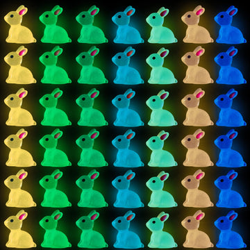 DULEFUN 70pcs Easter Luminous Mini Resin Bunny 7 Colors Little Small Glow in The Dark Rabbit Bunny Figures for Dollhouse Micro F