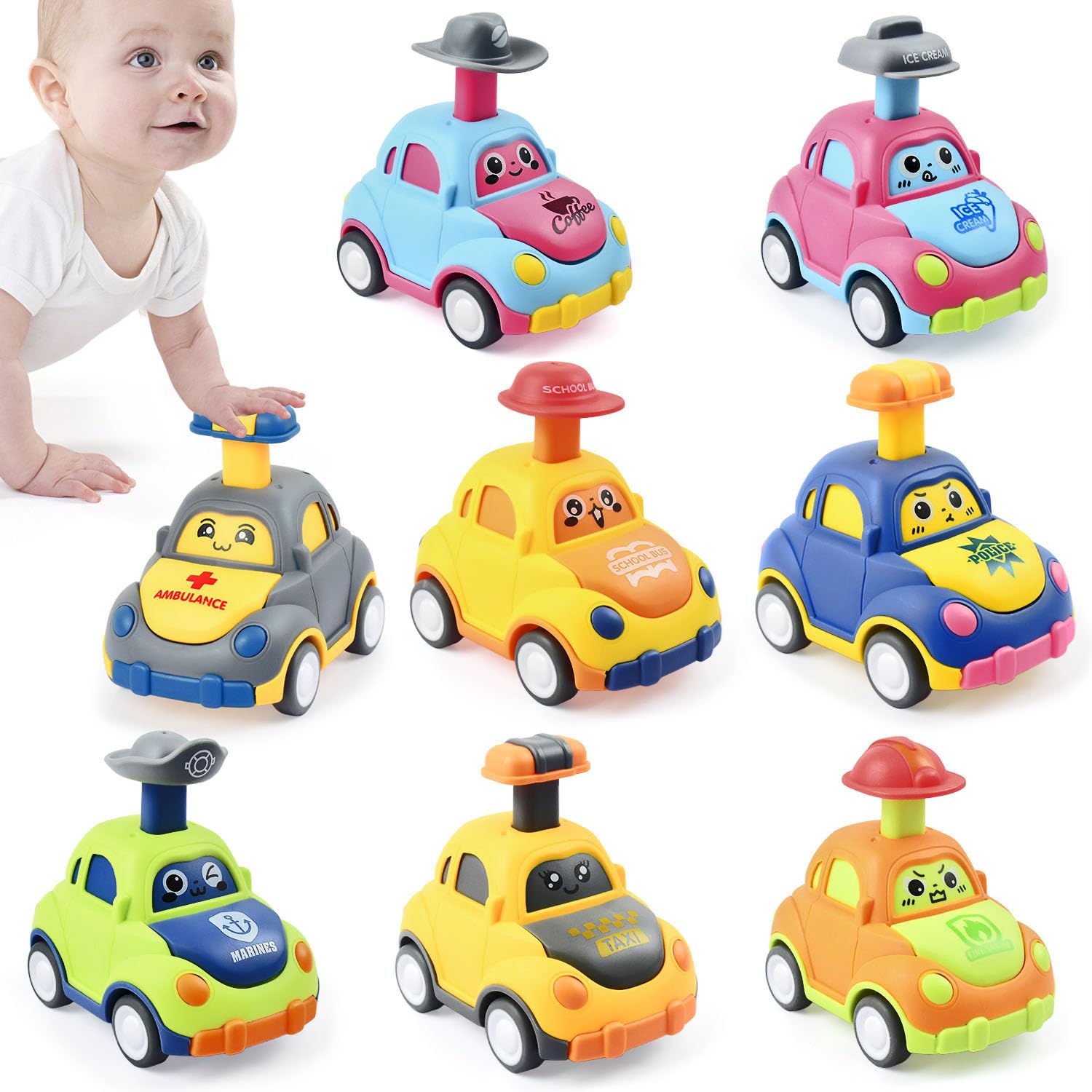 soi-meme 8 Pack Press and Go Car Toys for Toddlers 1-3 Year Old,Infant Play Vehicle Set Toys for 1 2 3, Baby Car Toys for 9-12-1