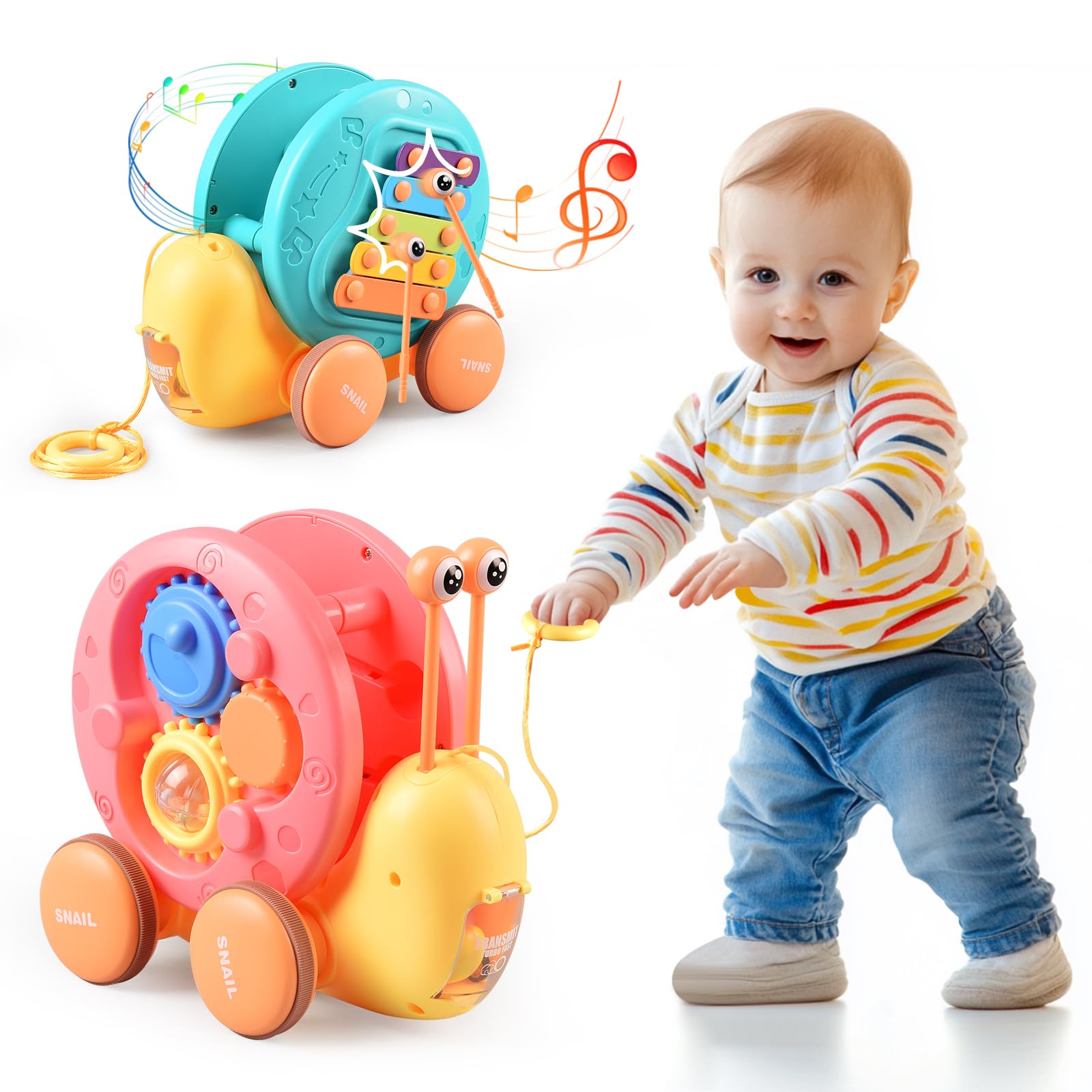 Seventhduck Children'S Rally Car Pull Toys, 4-In-1 Snail Toy For 3 Year Old Pull Along Toys For 3 Year Old Fun And Colorful Car