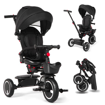 Baby Tricycle, 6-in-1 Folding Kids Trike with Removable Push Handle, Rotatable Seat, Adjustable Canopy, Storage Box, Safety Harn
