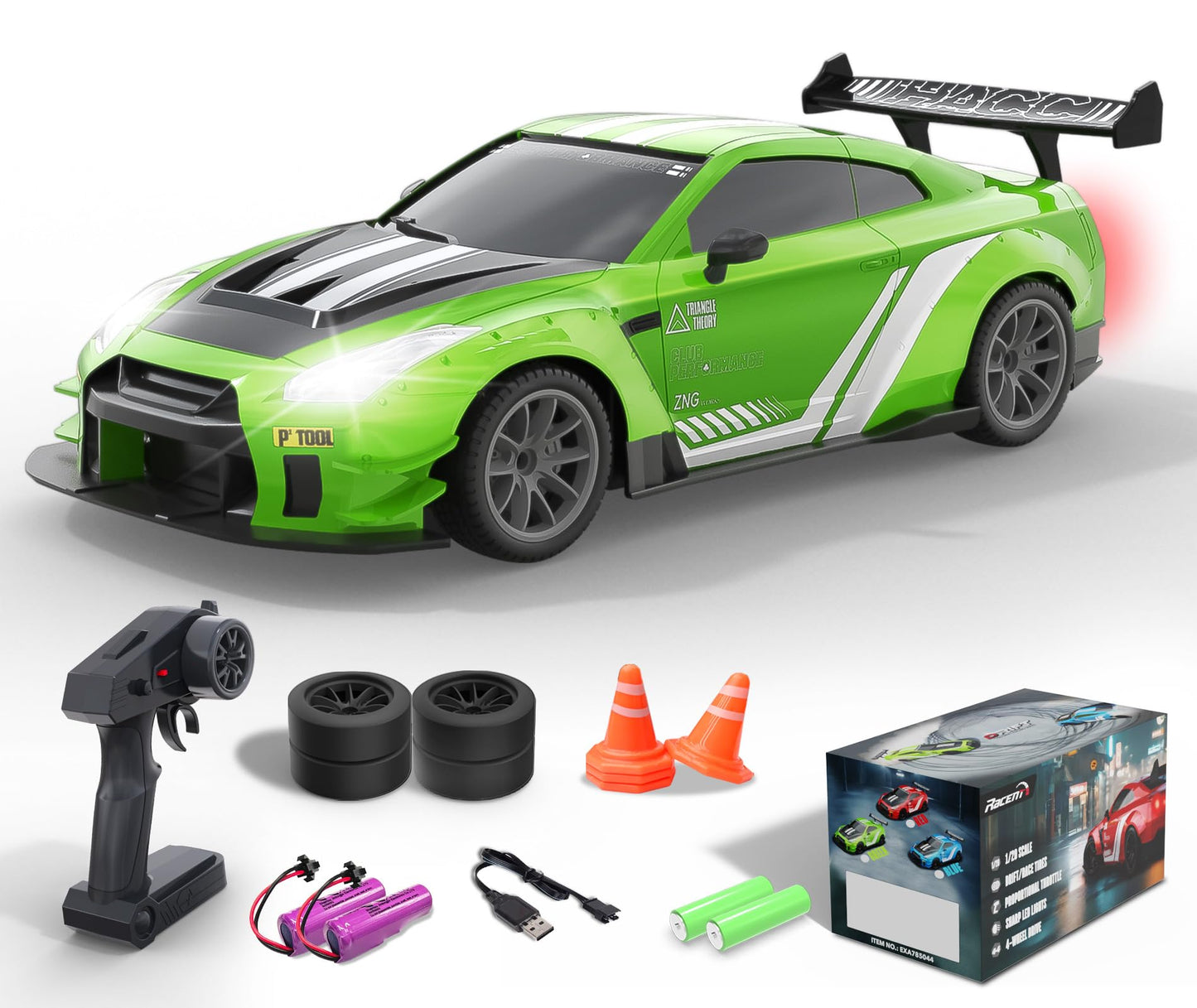 Racent 1:20 Rc Drift Car, High Speed Remote Control Car, 4Wd Rc Cars With Led Light, Racing And Drifting Wheels, 2 Batteries, To