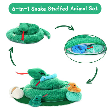 Muiteiur Giant 6 Piece Snake Stuffed Animal, 55 Inch Mommy Snake With 3 Baby&2 Egg, Green Large Jungle Plush Toy, Realistic Serpent Plush Toy Gift For Kids Girls Boys