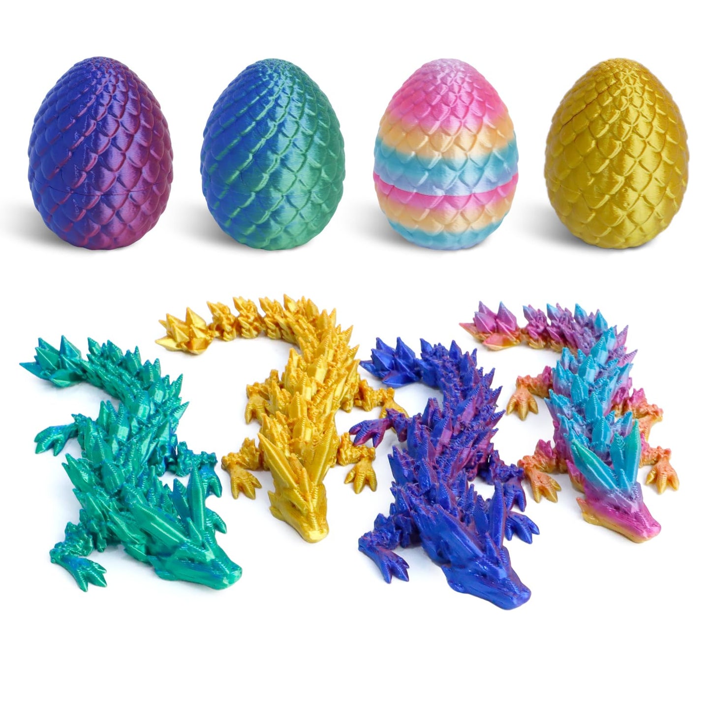 Flavery 4 Pack 3D Printed Dragon Egg, Small Eggs With Dragon Inside, Articulated Crystal Dragon Fidget Toy, Desk Decor Pet, Myst