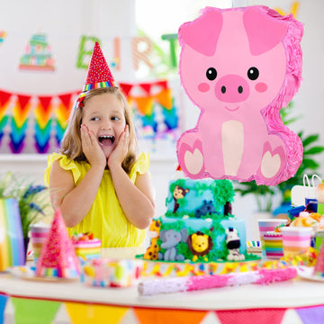 Piñata Bundle With A Blindfold And Bat (16 X 12 X 3 Inches), Cute Animal Piñata For Girls Boys Kids Birthday Party Toys Decoration For Animal Theme Birthday Party Game Supplies Photo Prop(Piggy)