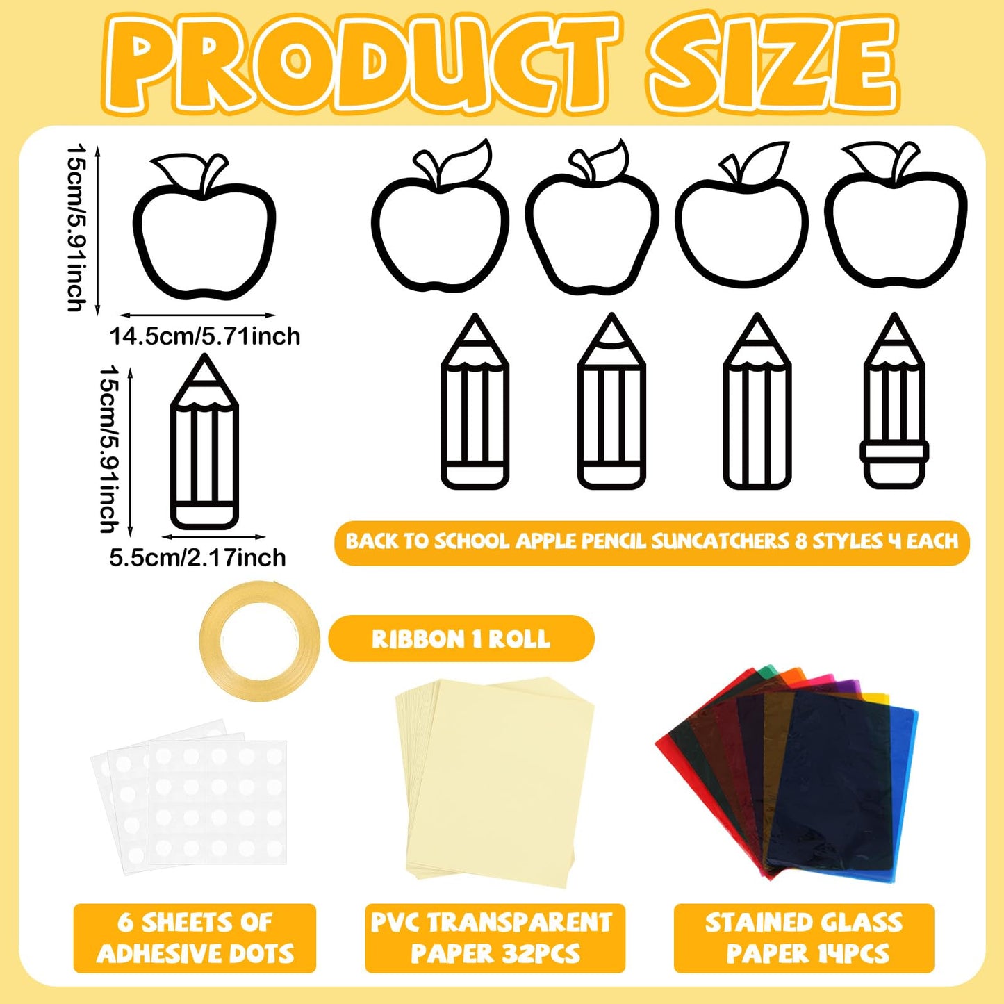 32 Sets Back to School Apple Pencil Suncatchers Craft Kit DIY Window Stained Glass Effect First Day of School Paper Craft Home C