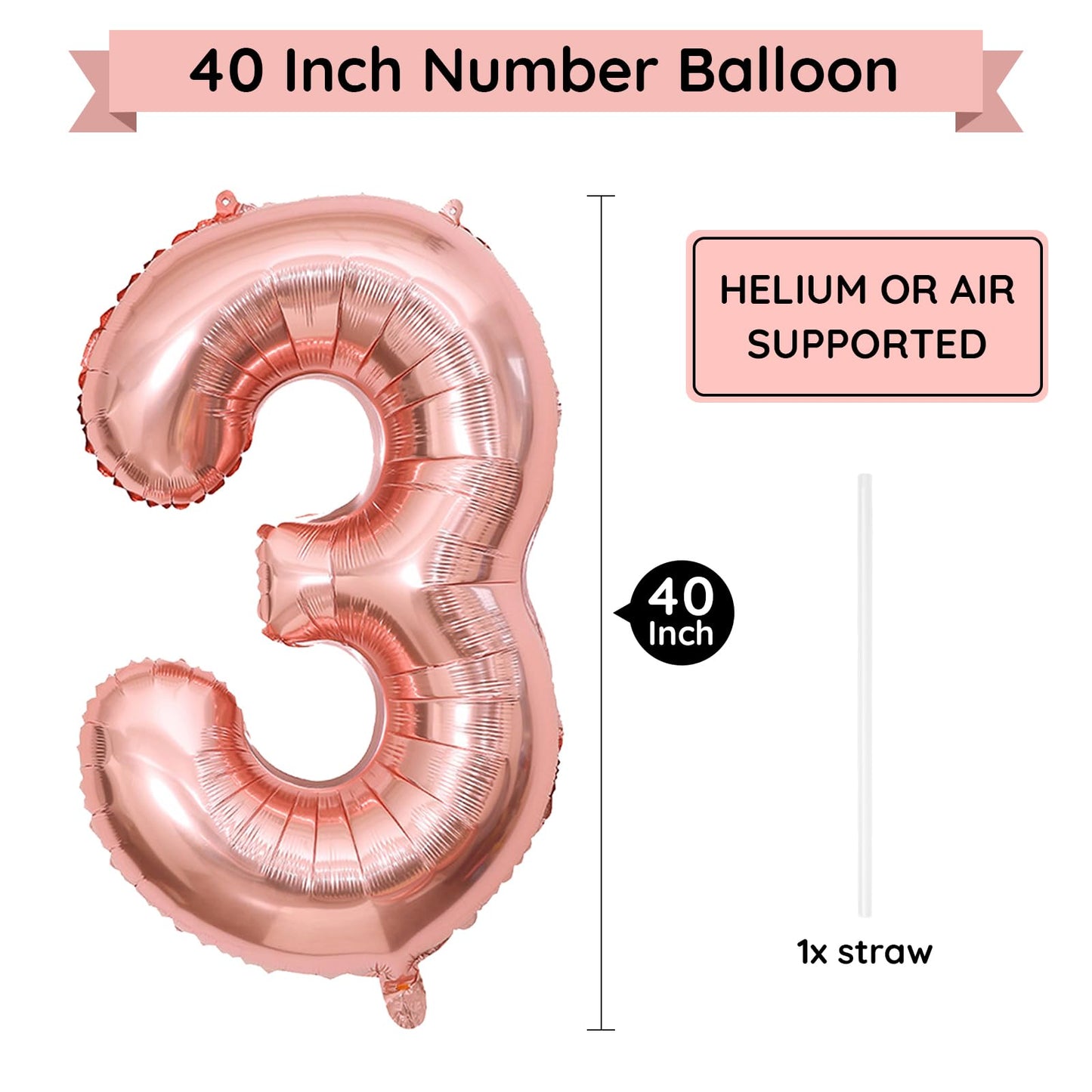 Paticool 40 Inch Rose Gold Number Balloon 3, Large Number Foil Balloons Mylar For Girl Boy Birthday Party Celebration Decoration