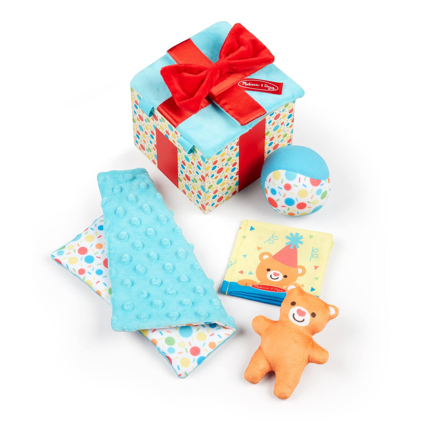Melissa & Doug Wooden Surprise Gift Box - 5-Piece Infant Toy Set, Tactile Sensory, Kids Size, White, Model 30731