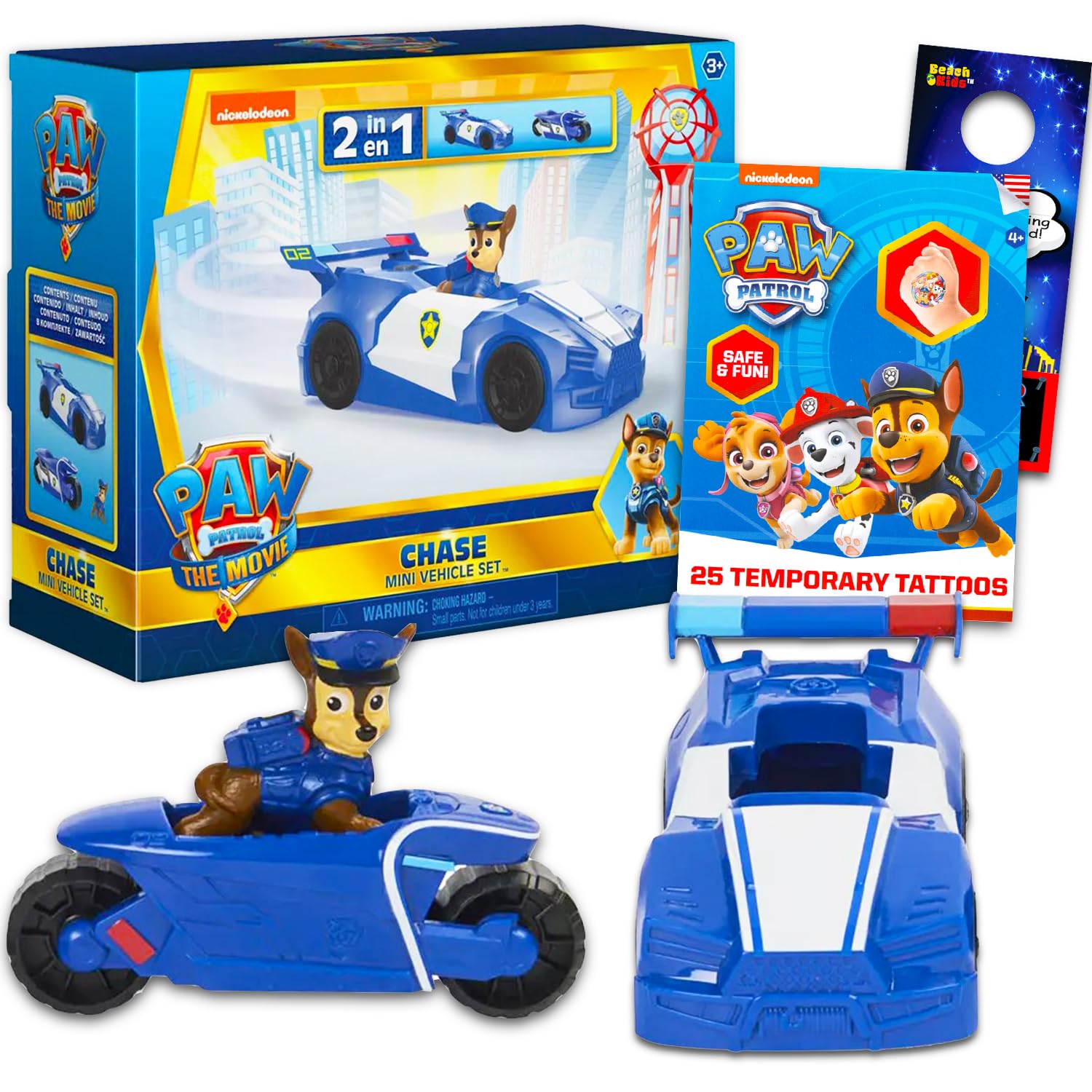 Paw Patrol Chase Mini Movie Vehicle Set - 4 Pc Bundle With 2-In-1 Toy ...
